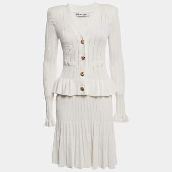 Pre Owned Self-Portrait White Rib Knit Peplum Mini Dress M