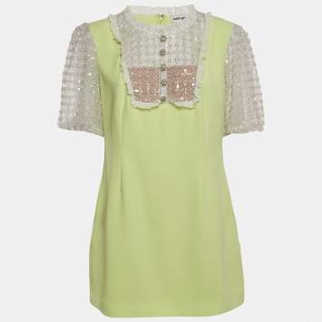 Pre Owned Self-Portrait Lime Green Embellished Tulle Crepe Mini Dress L