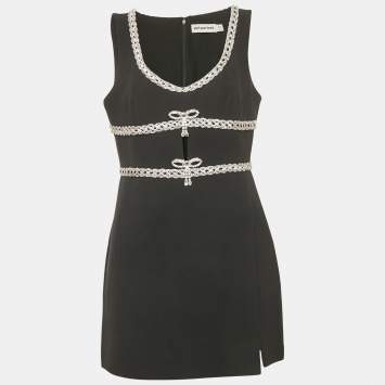 Pre Owned Self-Portrait Black Crepe Crystal Diamante Bow Mini Dress L