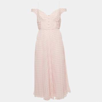 Pre Owned Self-Portrait Pink Gingham Print Chiffon Pleated Midi Dress M