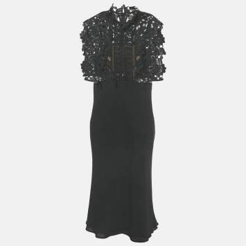 Pre Owned Self-Portrait Black Cropped Lace Overlay Crepe Midi Dress M 