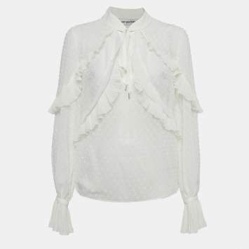 Pre Owned Self-Portrait White Swiss Dot Crepe Ruffled Blouse M