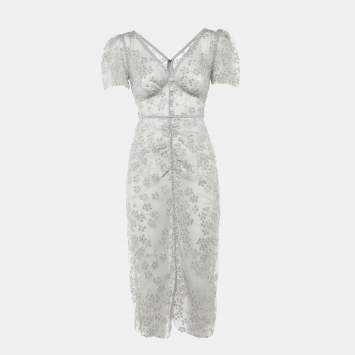 Pre Owned Self-Portrait Grey Tulle Embroidered Blossom Fitted Midi Dress M