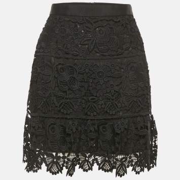 Pre Owned Self-Portrait Black Floral Guipure Lace Mini Skirt M