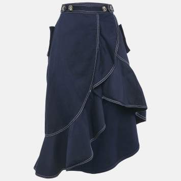 Pre Owned Self-Portrait Navy Blue Canvas Asymmetric Flounced Hem Skirt M