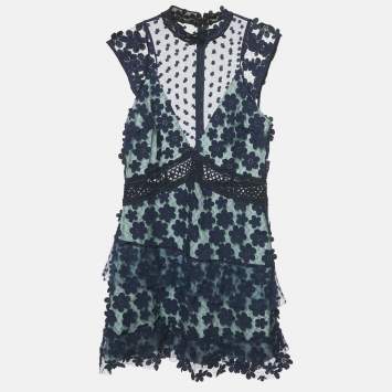 Pre Owned Self-Portrait Navy Blue Floral Applique Lace Sleeveless Mini Dress M