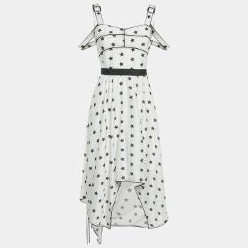 Pre Owned Self-Portrait White Printed Satin Handkerchief Hem Midi Dress S
