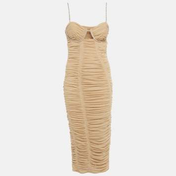Pre Owned Self-Portrait Beige Mesh Embellished Strap Detail Ruched Midi Dress M