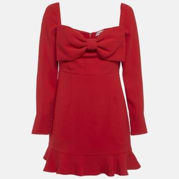 Pre Owned Self-Portrait Red Crepe Bow Detail Flounce Mini Dress M 