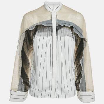 Pre Owned Self-Portrait White Striped Tulle Trim Crepe Shirt XS