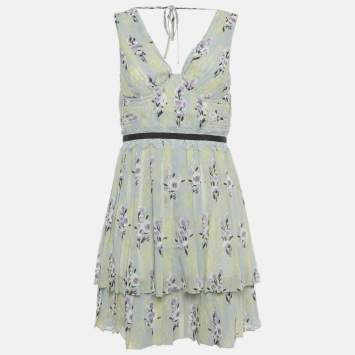 Pre Owned Self-Portrait Yellow Floral Print Chiffon Tiered Mini Dress S