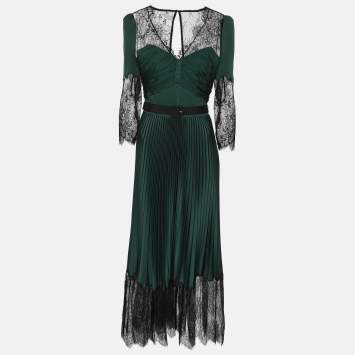 مملوكة مسبقًا Self-Portrait Green/Black Satin and Lace Pleated Belted Midi Dress S
