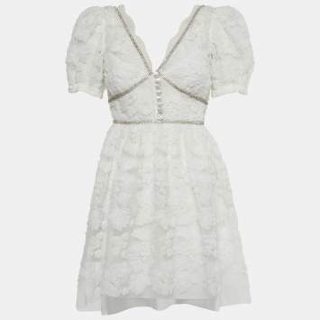 مملوكة مسبقًا Self-Portrait White Crystal Embellished Ribbon Lace Mini Dress XS