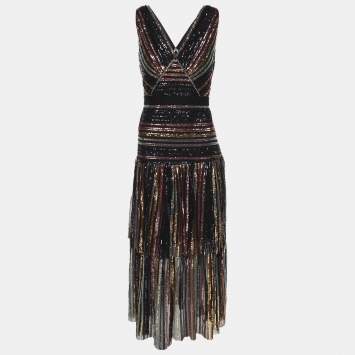 Pre Owned Self-Portrait Black Striped Sequin Tulle Tiered Midi Dress M