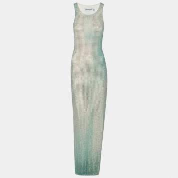 Pre Owned Self-Portrait Green Crystal Embellished Gradient Mesh Maxi Dress M