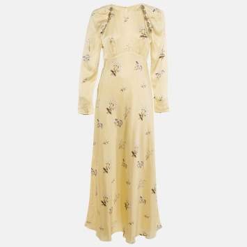 Pre Owned Self-Portrait Yellow Vintage Floral Satin Embellished Maxi Dress M