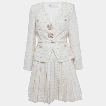 مملوكة مسبقًا Self-Portrait Cream Metallic Boucle Mini Jacket Dress M