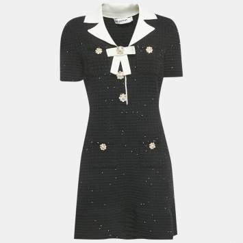 Pre Owned Self-Portrait Black Sequin Tweed Knit Bow Mini Dress M