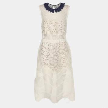 Pre Owned Self-Portrait White Sequined Lace Romper Detail Sleeveless Midi Dress M