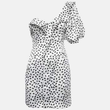 Pre Owned Self-Portrait White Dotted Satin One Shoulder Mini Dress S