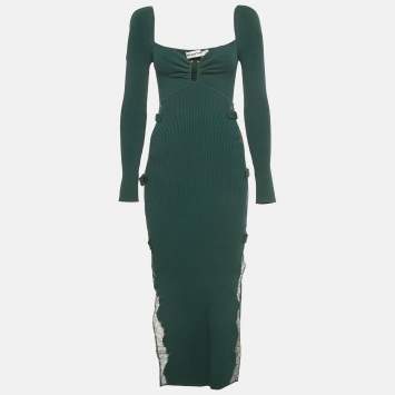 مملوكة مسبقًا Self-Portrait Deep Green Lace Inserts Rib Knit Midi Dress S