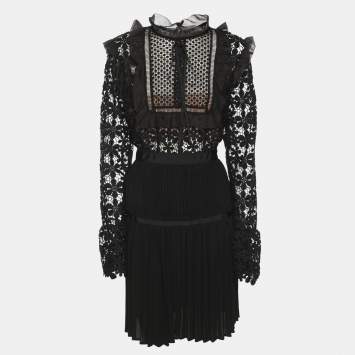 مملوكة مسبقًا Self-Portrait Black Guipure Lace & Organza Trim Pleated Adeline Dress L
