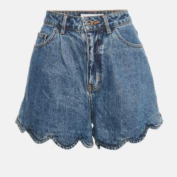 Pre Owned Self-Portrait Blue Denim Scallop Hem Shorts S/Waist 27"