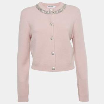 Pre Owned Self-Portrait Pink Knit Crystal Embellished Cardigan M 