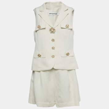 Pre Owned Self-Portrait Cream Linen Blend Playsuit M