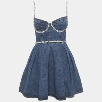 Pre Owned Self-Portrait Blue Denim Embellished Mini Dress XS