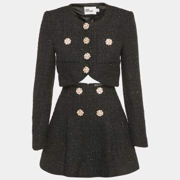 Pre Owned Self-Portrait Black Lurex Tweed Cropped Jacket & Mini Skirt Set S