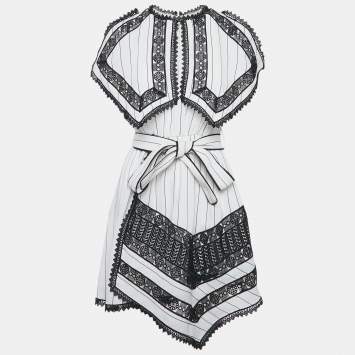 Pre Owned Self-Portrait Monochrome Striped Crepe Handkerchief Mini Dress S