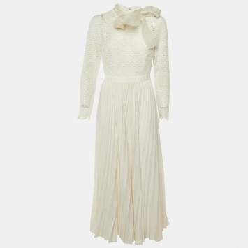 Pre Owned فستان سيلف بورتريه دانتيل وبلسيه عاجي تفاصيل ربطة العنق للزفاف مقاس متوسط - ميديم