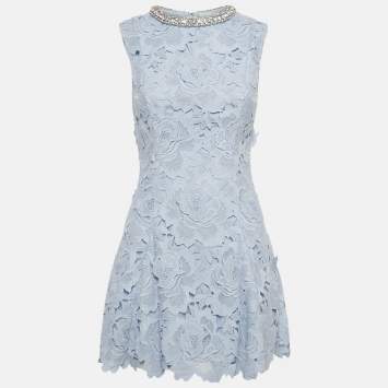 مملوكة مسبقًا Self-Portrait Blue Flower Lace Crystal Detail Mini Dress S