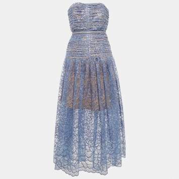 مملوكة مسبقًا Self-Portrait Blue Embroidered Sequin Strapless Midi Dress S