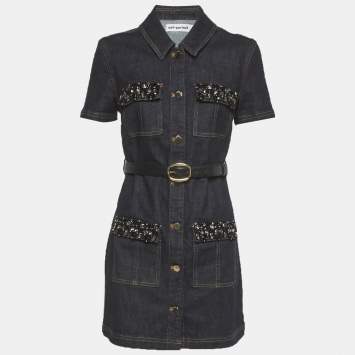 Pre Owned Self-Portrait Blue Denim Crystal Trim Mini Dress M