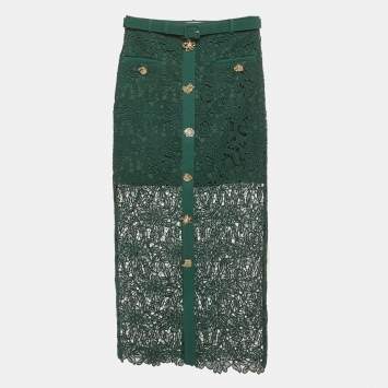 Pre Owned Self-Portrait Green Guipure Lace Belted Midi Skirt S