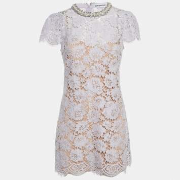 Pre Owned Self-Portrait Lilac Lace Embellished Neck Mini Dress S