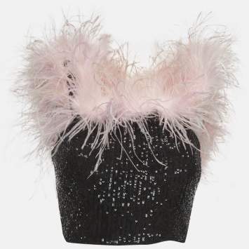 Pre Owned Self-Portrait Black Sequin Feather Off shoulder Crop Top S