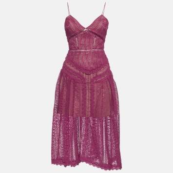 مملوكة مسبقًا فستان سيلف بورتريه متوسط الطول دانتيل غيبيور وردي واسع مقاس صغير (إكس صغير)