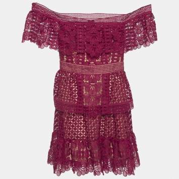 Pre Owned Self-Portrait Burgundy Guipure Lace Off Shoulder Mini Dress S