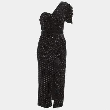 Pre Owned Self-Portrait Black Velvet One-Shoulder Diamante Midi Dress S