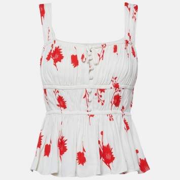 Pre Owned Self-Portrait Off-White/Red Floral Print Stretch Crepe Wild Daisy Top S 