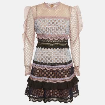Pre Owned Self-Portrait Multicolor Guipure Lace Ruffled Bellis Dress M