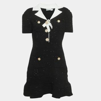 Pre Owned Self-Portrait Black Sequined Knit Bow Mini Dress M 