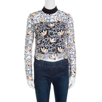 Pre Owned Self Portrait Dove Grey Floral Embroidered Cutout Guipure Lace Cropped Peony Blouse S