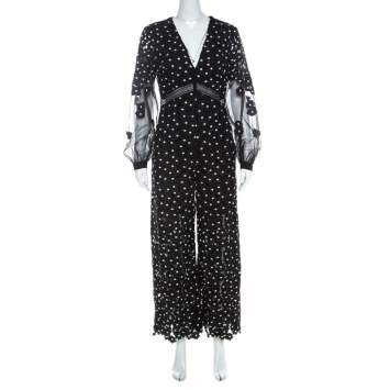 Pre Owned Self Portrait Black Daisy Dot Lace Jumpsuit M