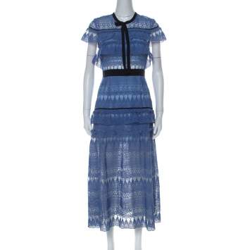 Pre Owned Self Portrait Blue Teardrop Guipure Lace Ruffled Daphne Midi Dress M