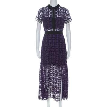 Pre Owned Self Portrait Purple Guipure-Lace Short Sleeve Midi Dress M
