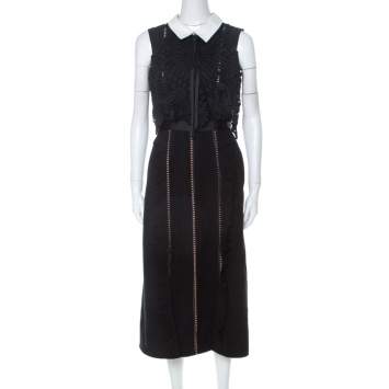 Pre Owned Self Portrait Black Lace Paneled Peter-pan Collar Midi Dress M